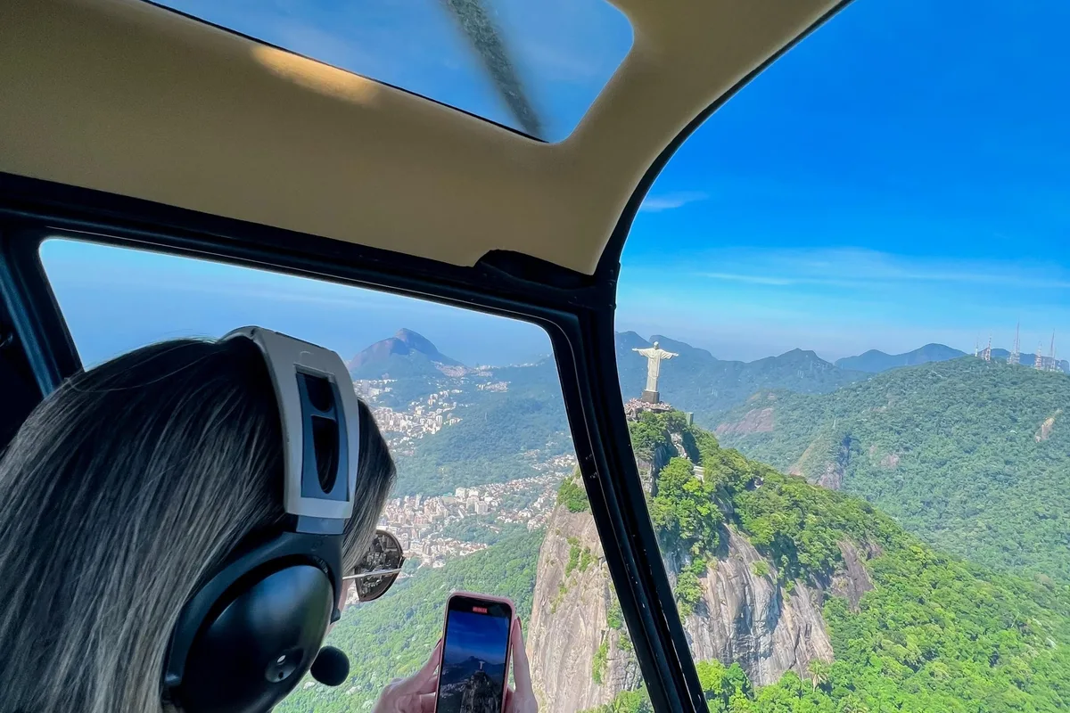 Aerial view of Sugarloaf Mountain, Copacabana and Ipanema beaches on a helicopter ride over Rio de Janeiro