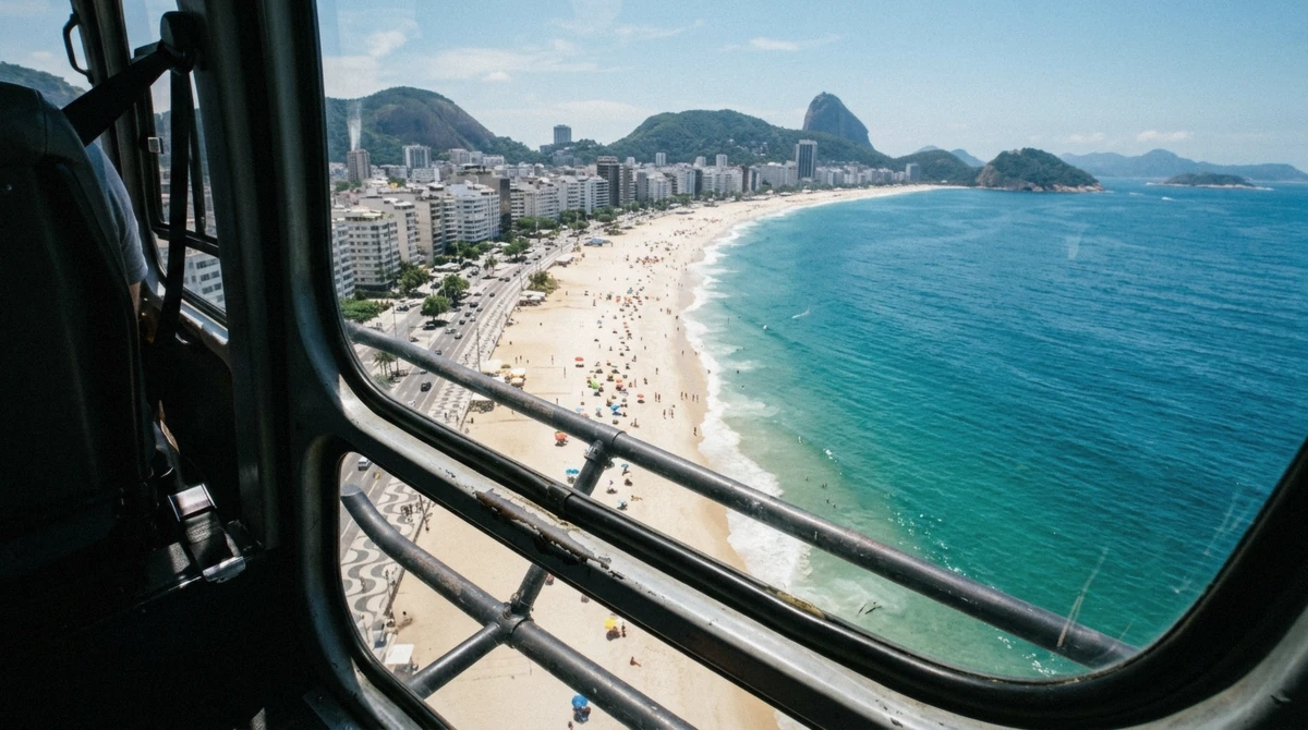 Copacabana from the air minutes after take-off from a Rio de Janeiro helicopter departure point